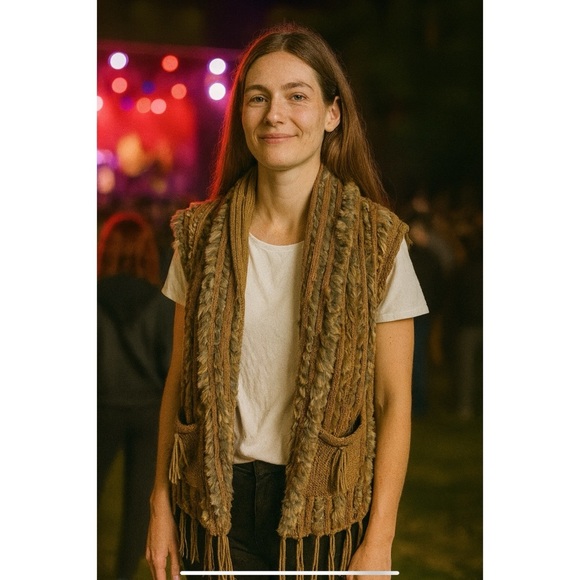 BELLE FARE CARDIGAN VEST OS OPEN FRONT POCKETS FRINGE HIPPIE RABBIT FUR SHAWL - Picture 1 of 10